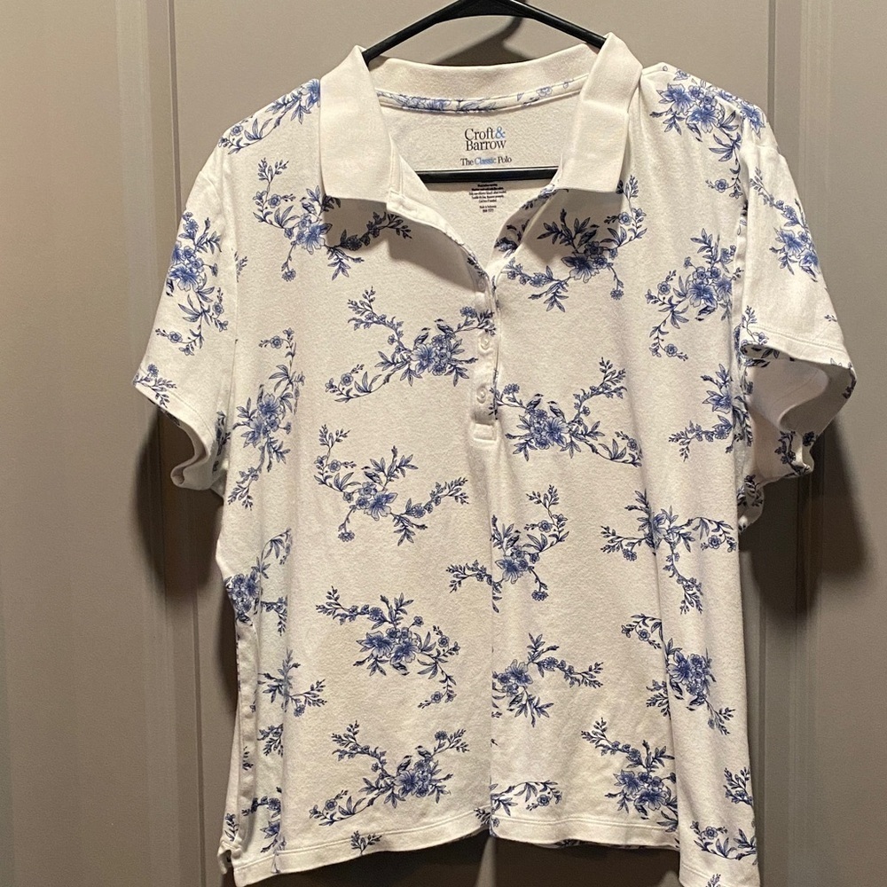 Croft & Barrow White Blue Floral Polo Cotton Casual Preppy Top XXL